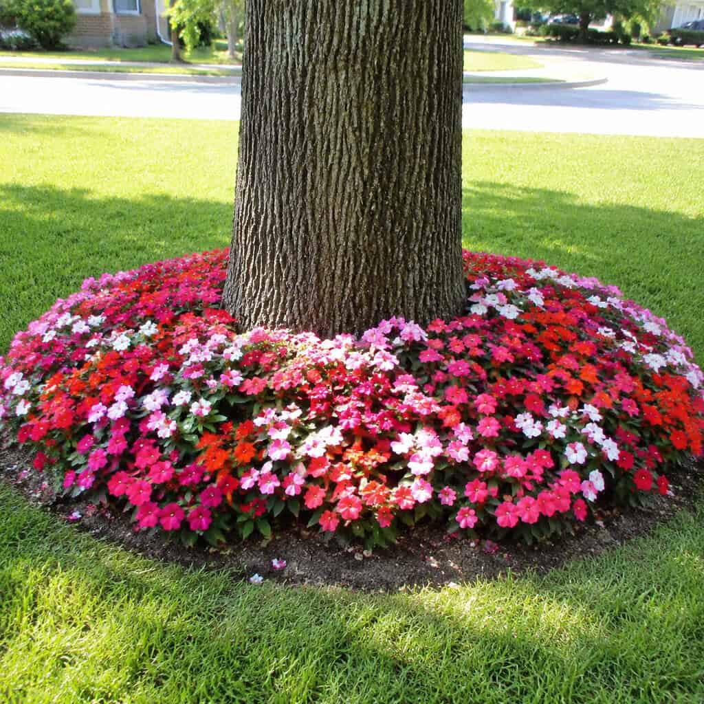 A Ring of Annual Flowers Around the Tree Trunk