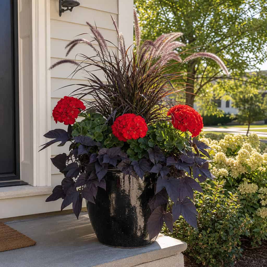 Purple Fountain Grass + Red Geranium + Purple Sweet Potato Vine