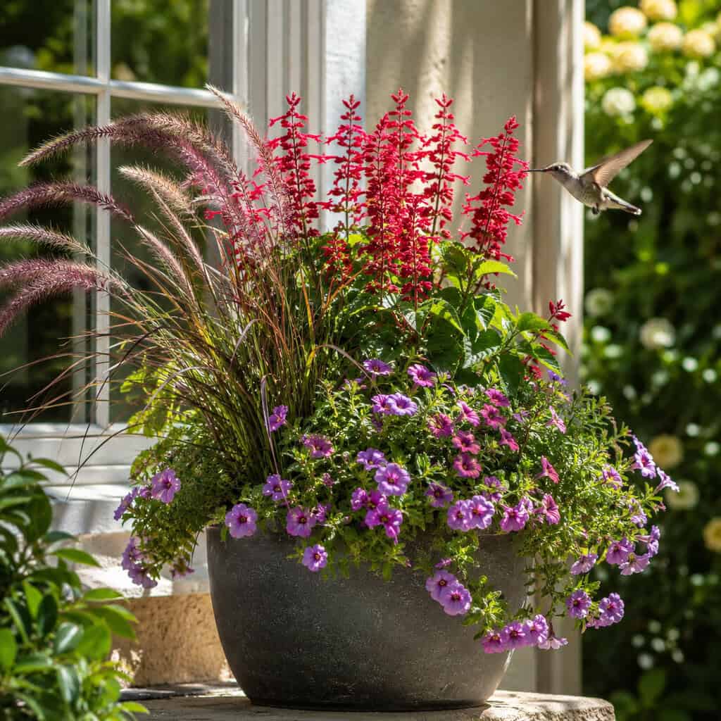 Purple Fountain Grass + Red Salvia + Calibrachoa