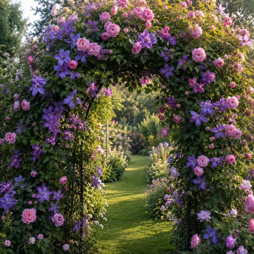 A Climbing Rose and Clematis on One Arch