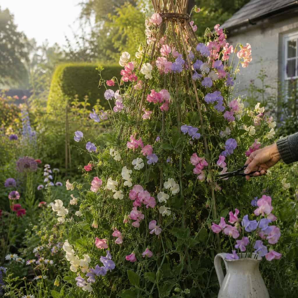 Sweet Peas Up a Wigwam
