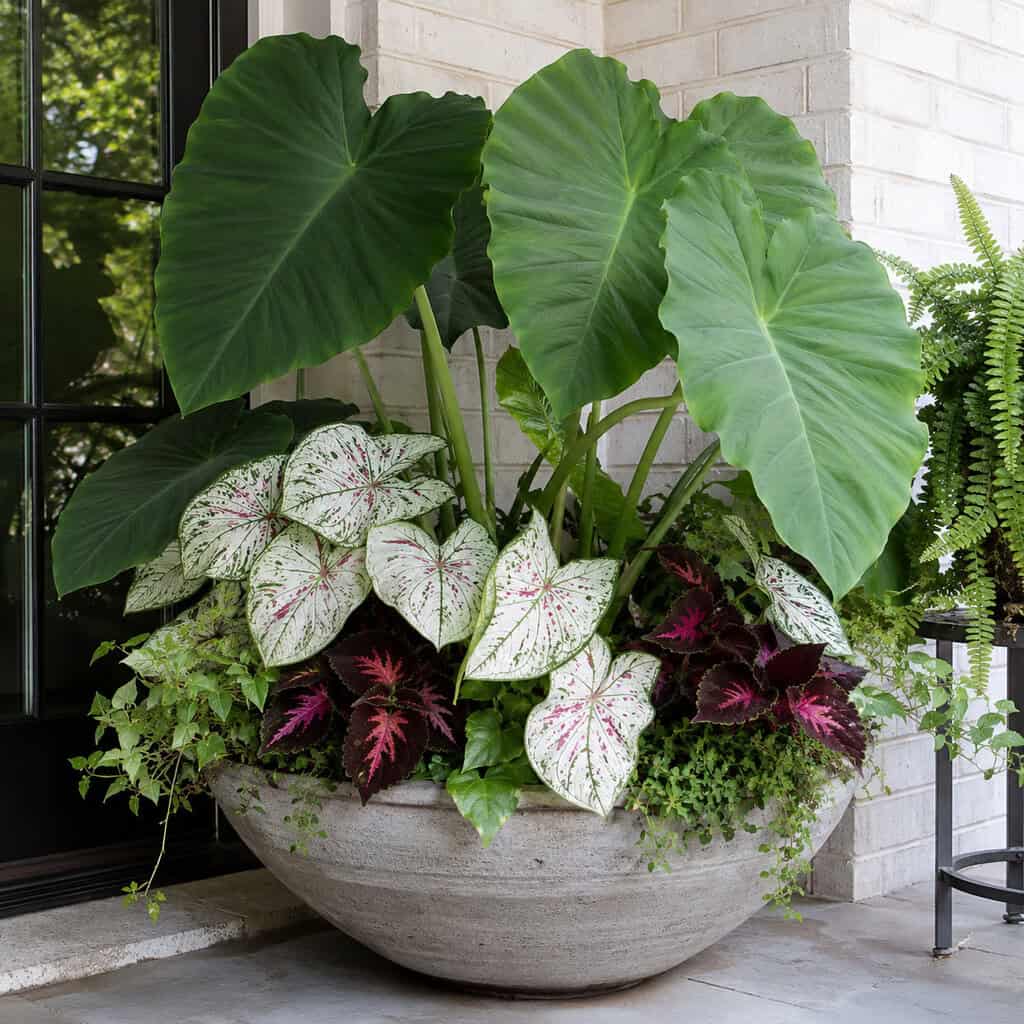 Elephant Ear + Snow Flurry Caladium + Strawberry Drop Coleus