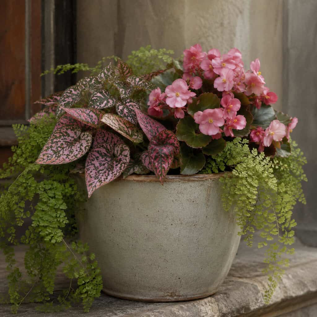 Polka Dot Plant + Tuberous Begonia + Maidenhair Fern