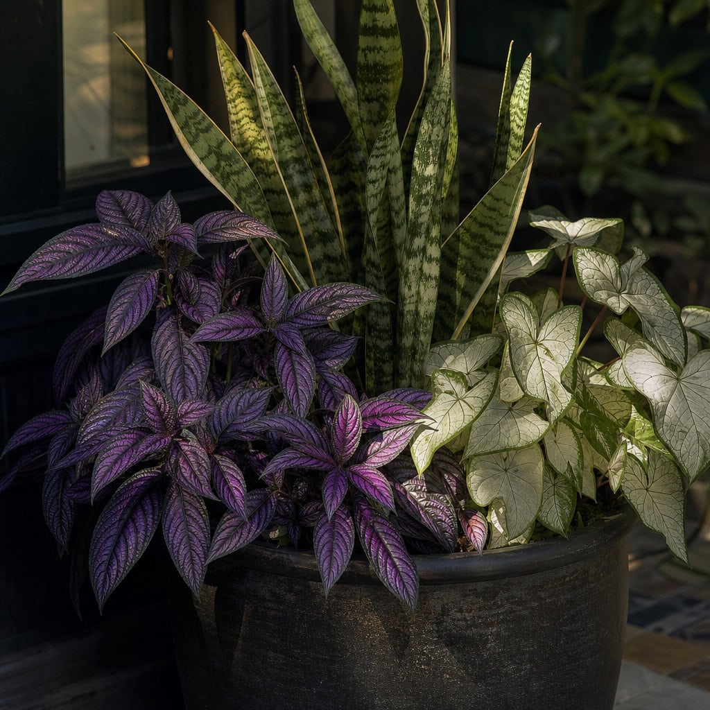 Persian Shield + White Caladium + Snake Plant