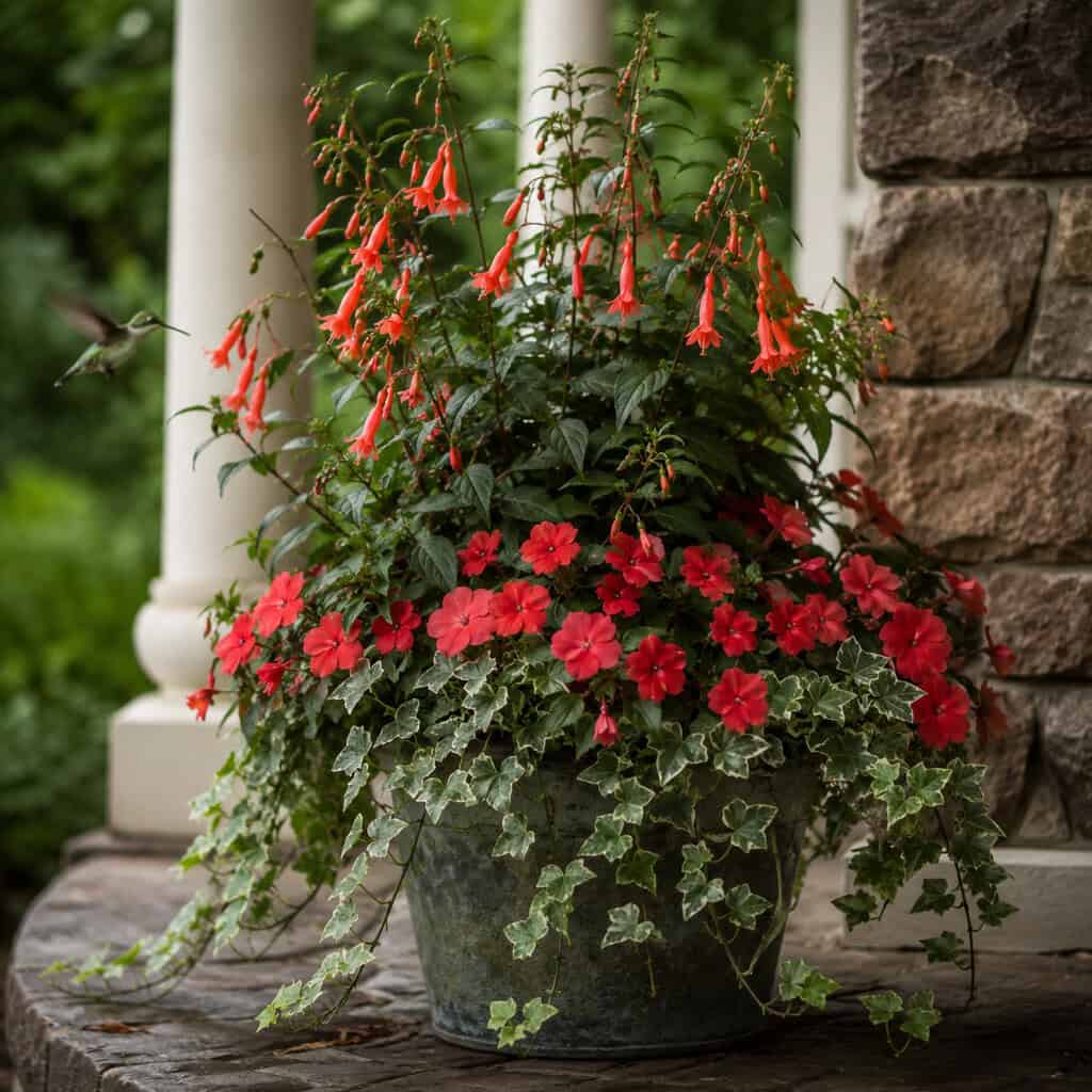 Fuchsia 'Gartenmeister' + Impatiens + English Ivy
