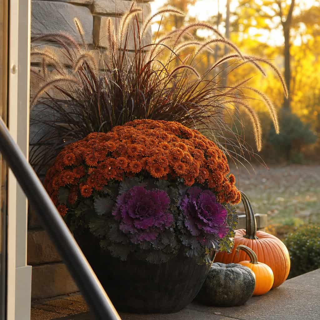 Purple Fountain Grass + Mum + Ornamental Kale