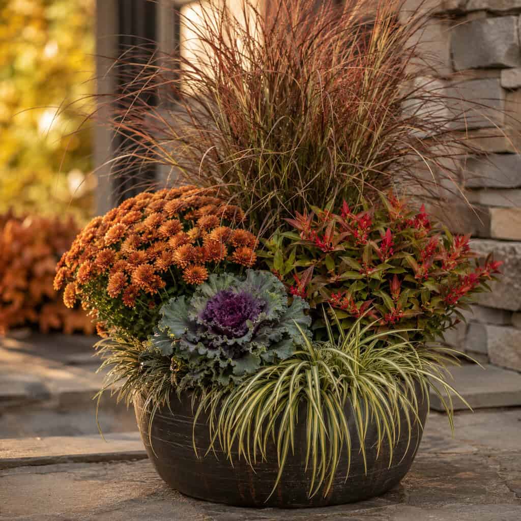 Switchgrass 'Heavy Metal' + Chrysanthemum + Euphorbia + Ornamental Kale + Liriope