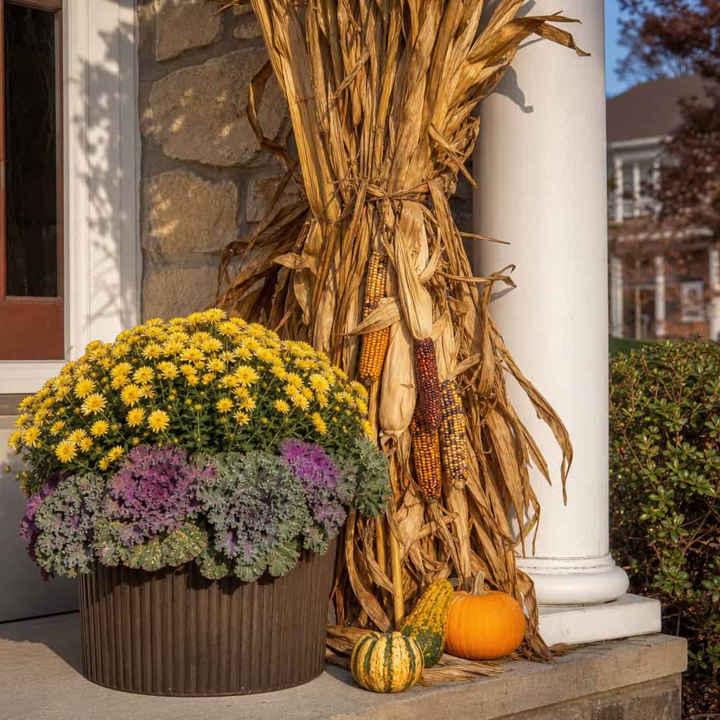 Cornstalk + Yellow Mum + Ornamental Kale