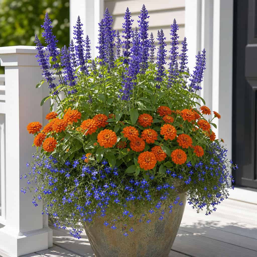 Zinnia 'Profusion' + Salvia + Trailing Lobelia