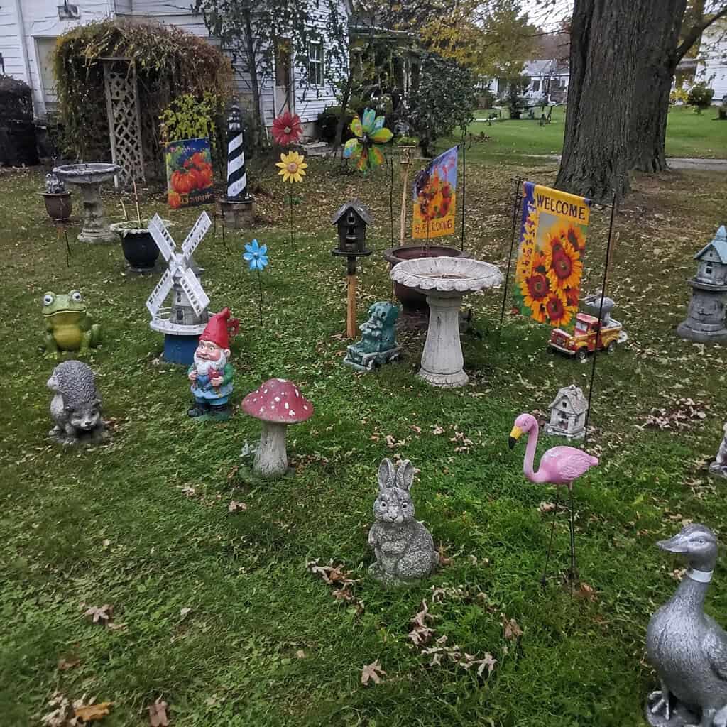 Scatter gnomes and ornaments across the yard