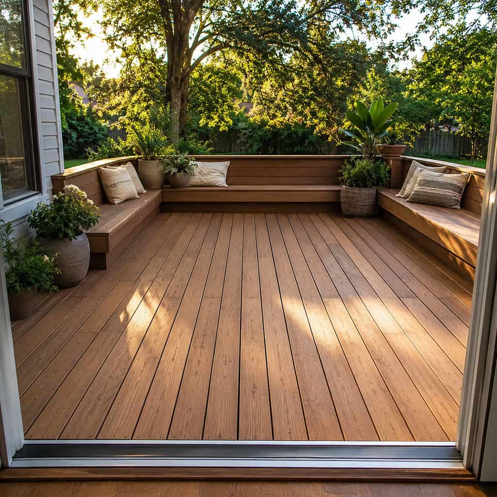 A Raised Deck With Built-In Bench Seating
