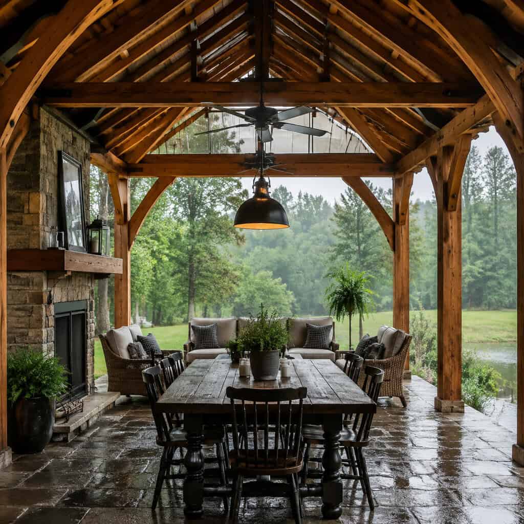 A Solid-Roof Pavilion With a Ceiling Fan