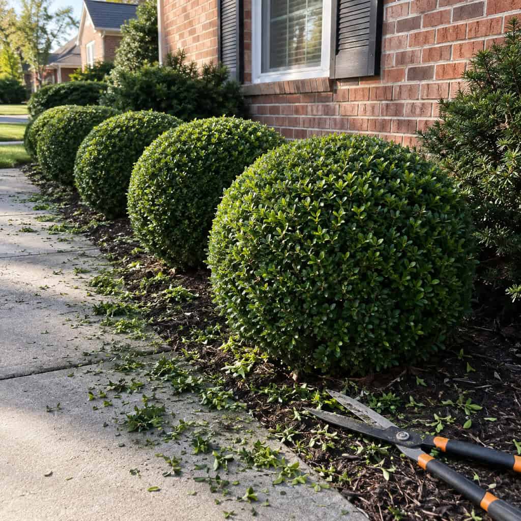 Shrubs Sheared Into Meatballs Across the Front of the House