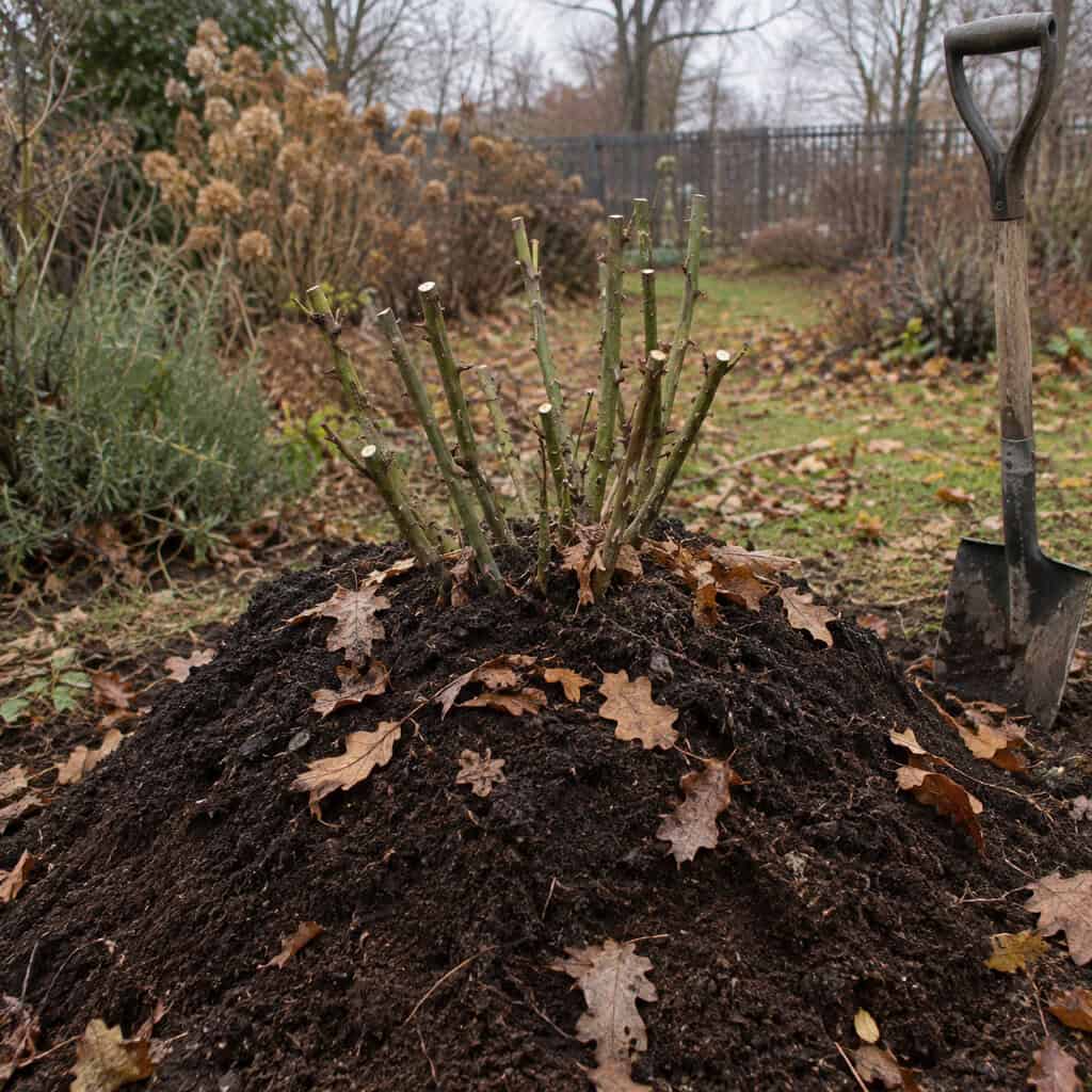 Hilling Soil Over the Rose Bushes