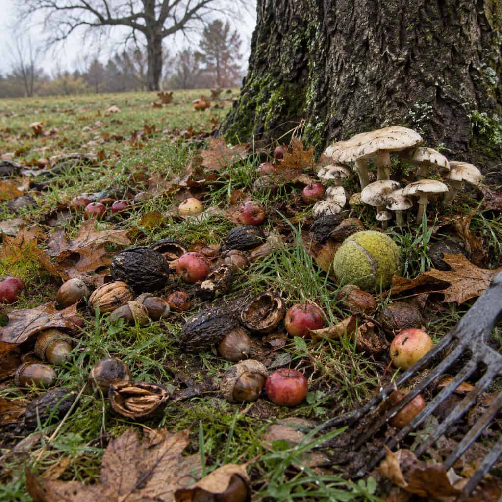 Fallen acorns, black walnuts, crabapples, and mushrooms