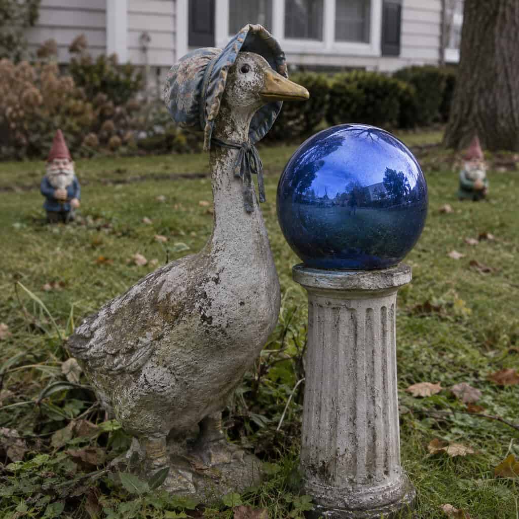 Concrete Geese, Gnomes, and a Gazing Ball on a Pedestal