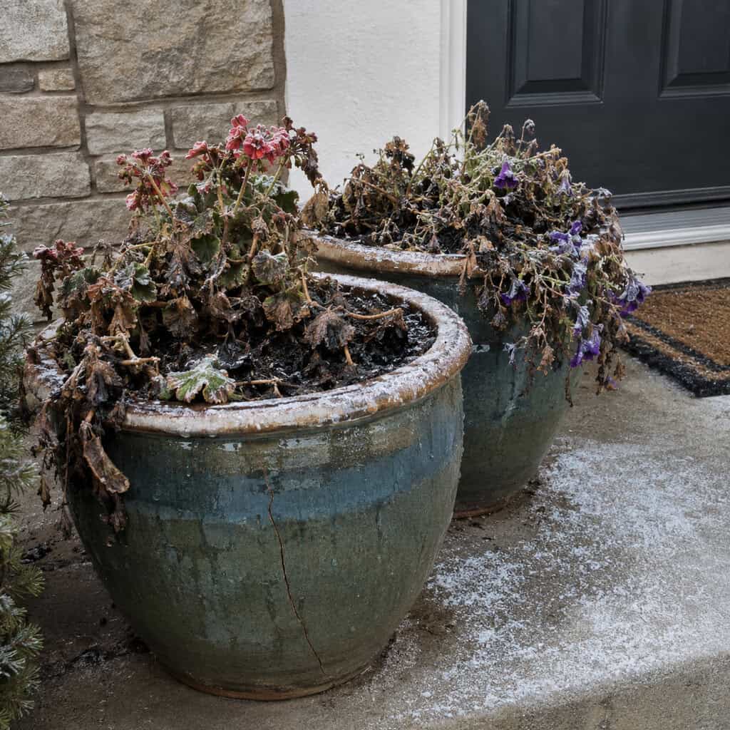 Dead Annuals Still in the Front-Door Pots