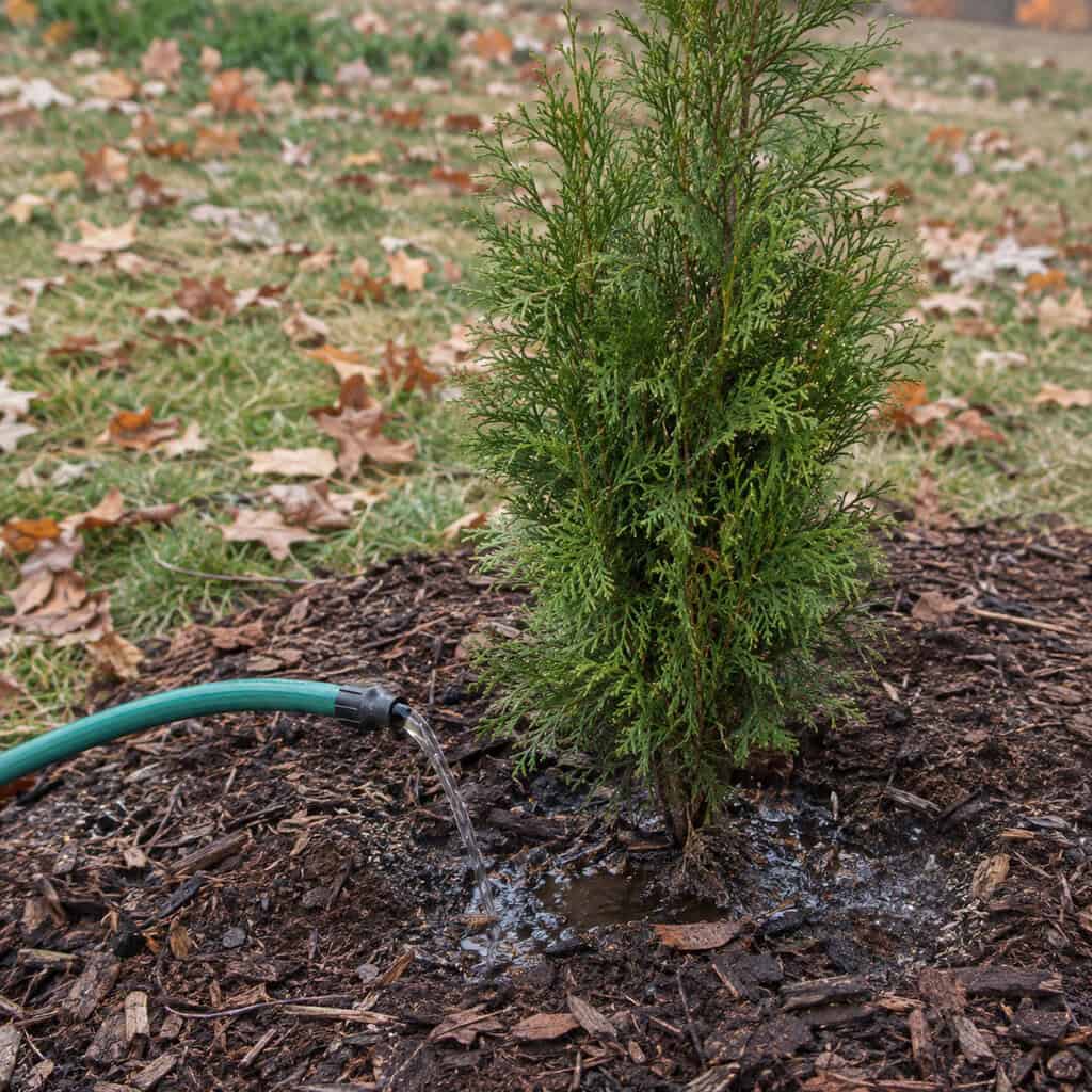 Deep Watering the Evergreens Before Freeze-Up