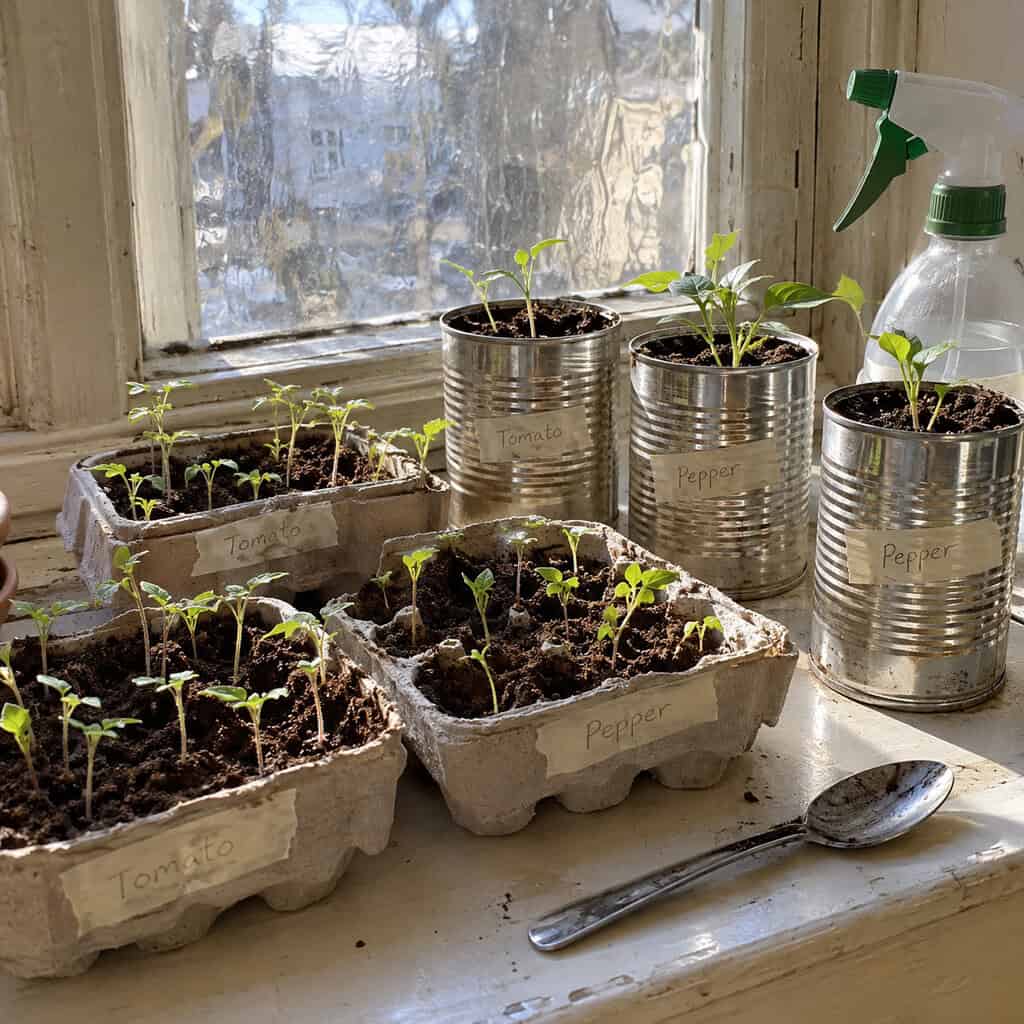 Seeds Started on the Windowsill in Egg Cartons