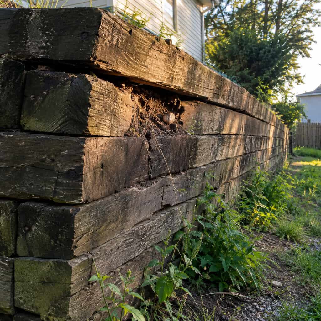A Railroad-Tie or Stacked-Block Retaining Wall Leaning Forward