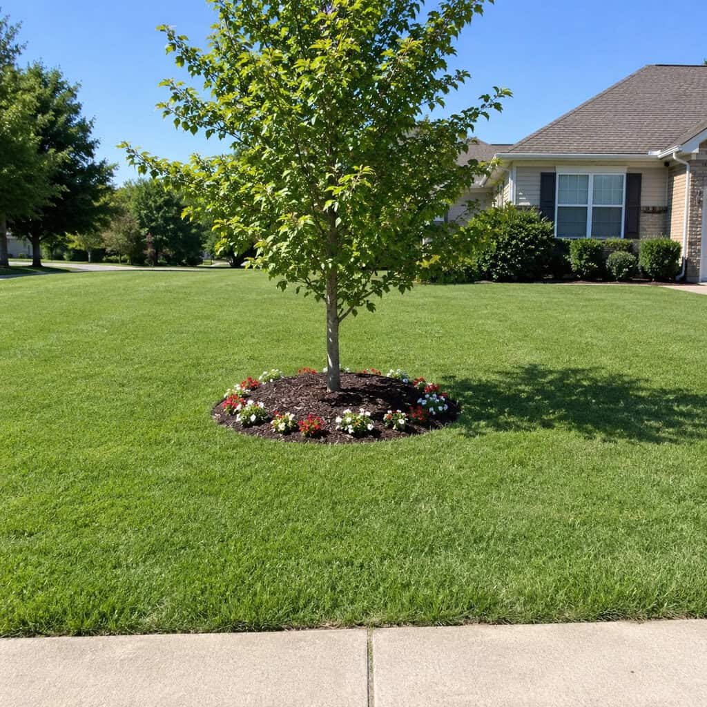 One Round Island Bed Floating in the Middle of the Lawn
