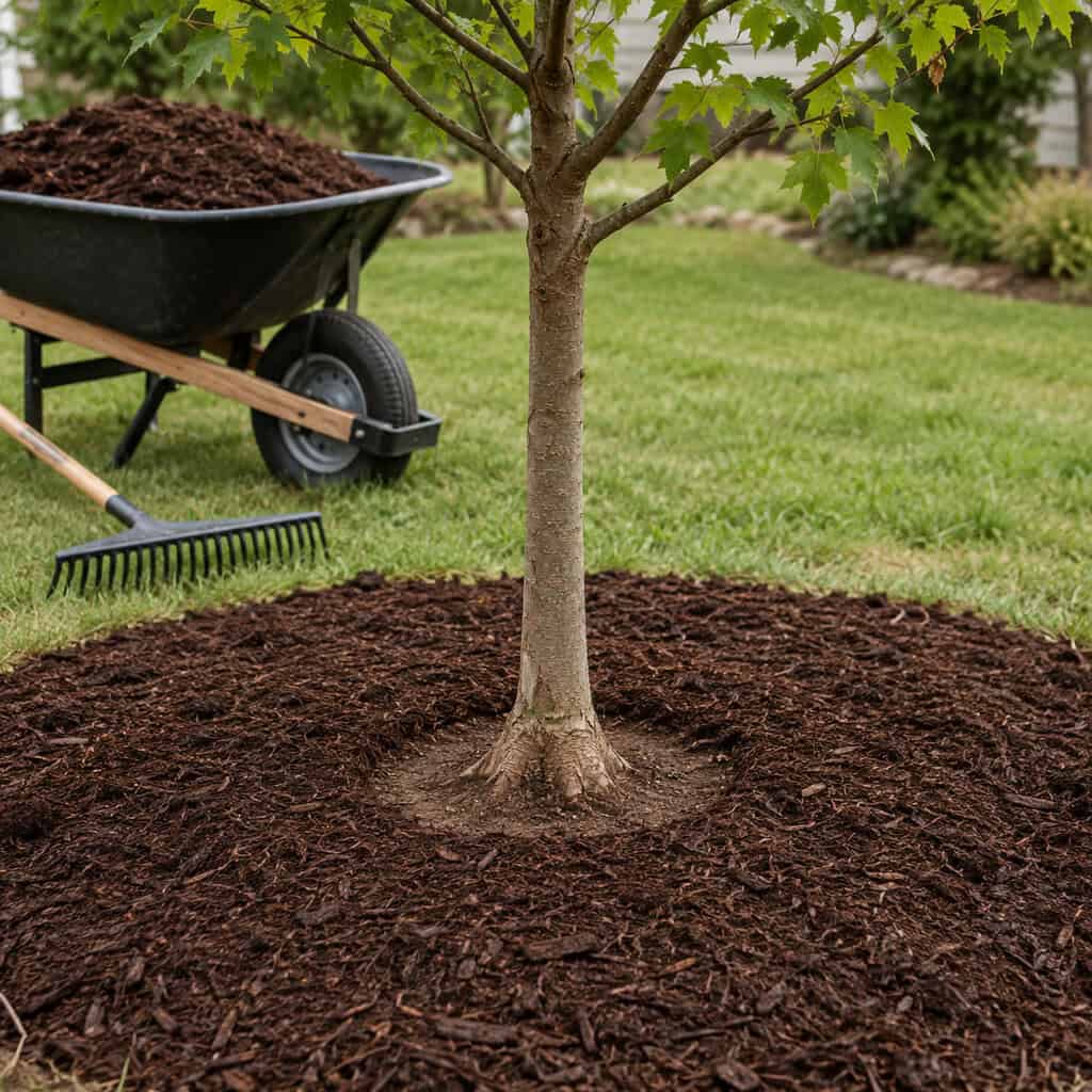 Top Up the Mulch to a Flat 2–3 Inches — and Pull It Off the Trunks
