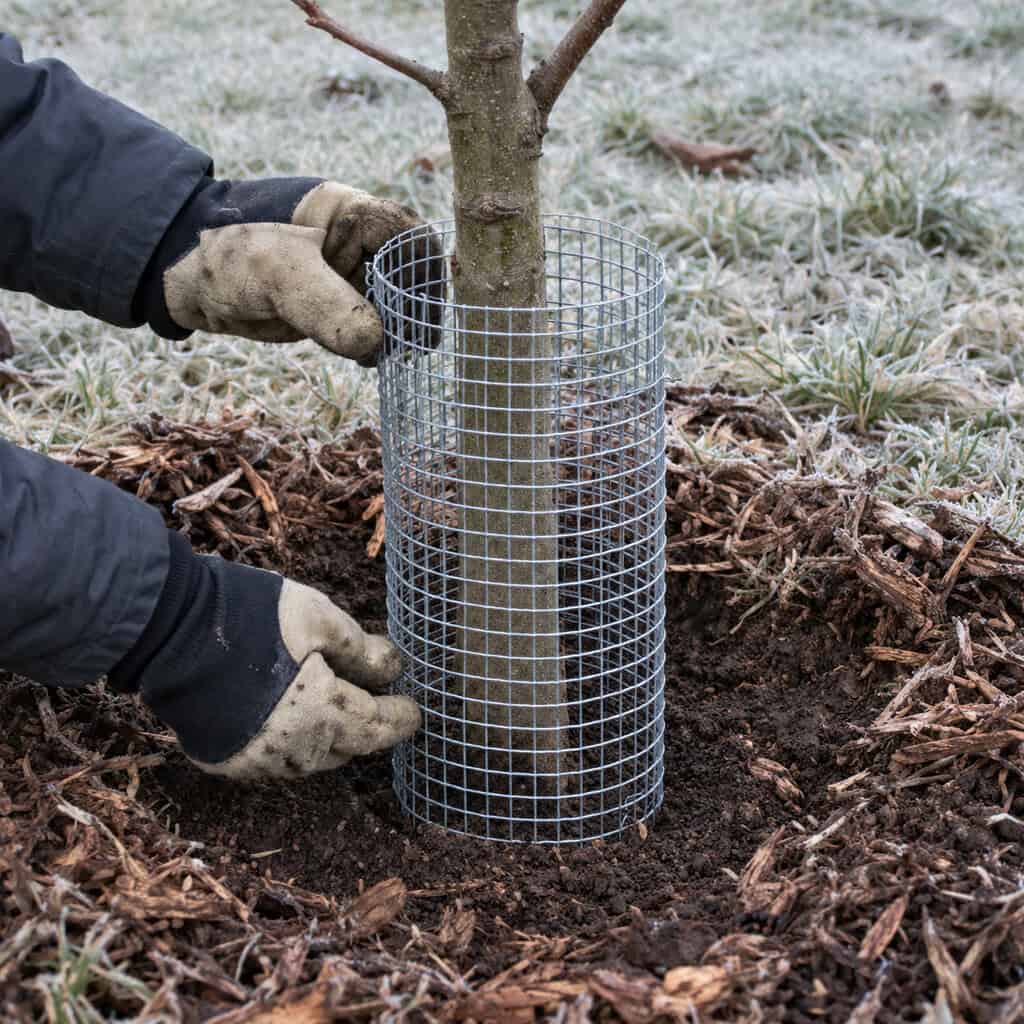 Hardware Cloth Collars on the Young Tree Trunks