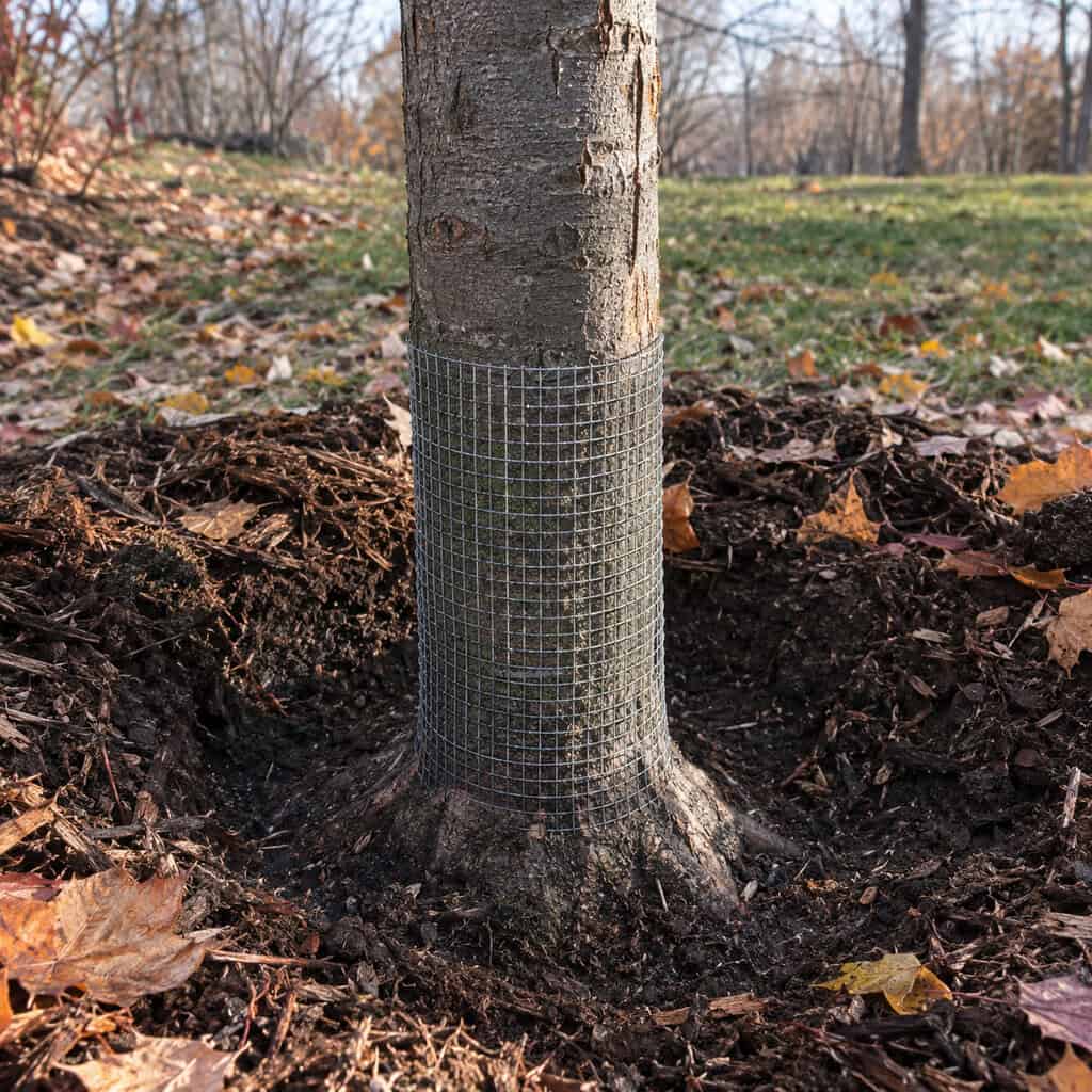 Pulling mulch back off trunks and caging young bark