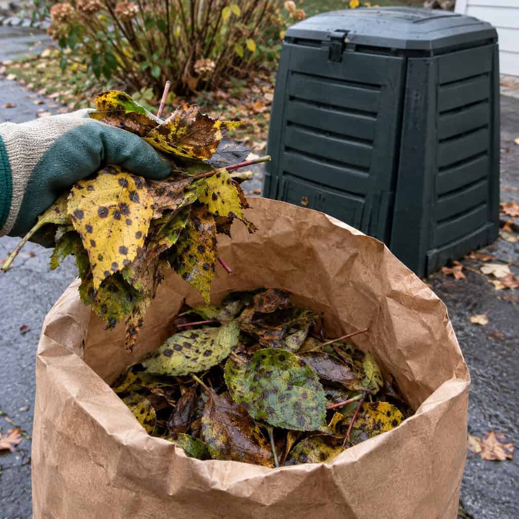 Diseased leaves bagged, never composted