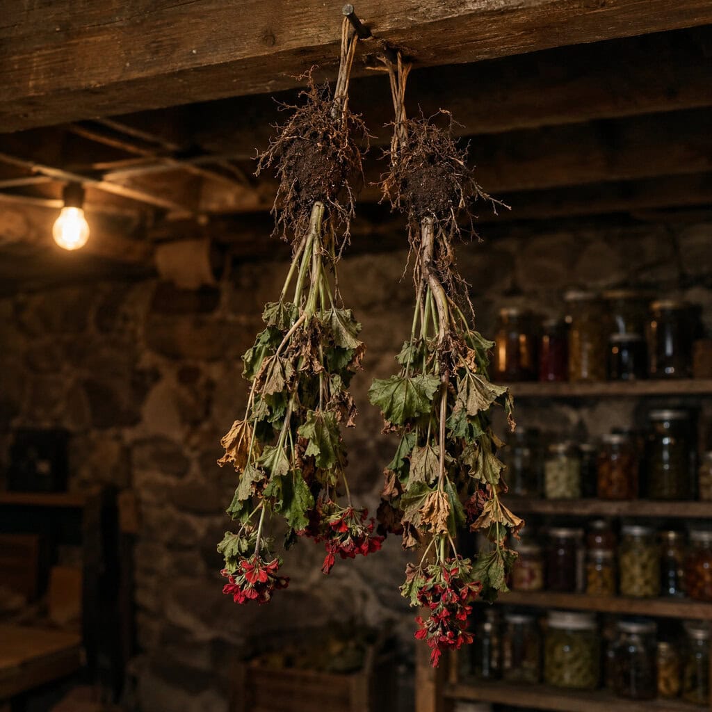 Geraniums Pulled Up and Hung Bare-Root in the Cellar