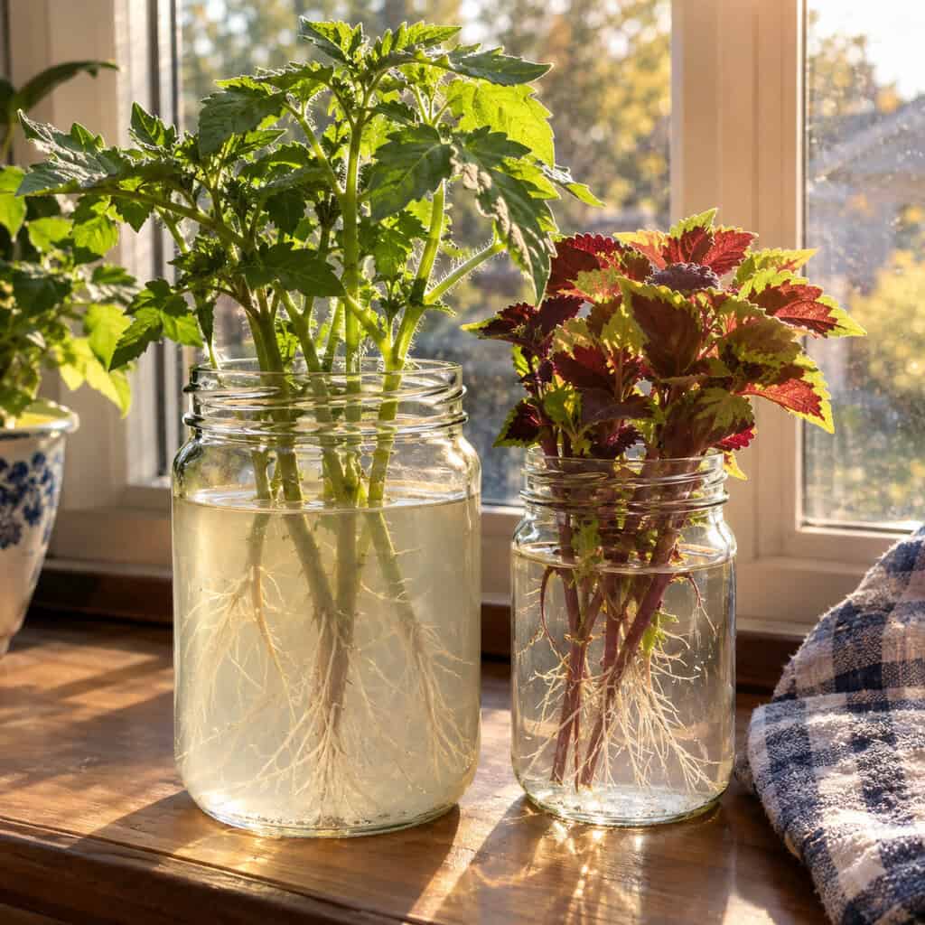 Tomato Suckers Rooted in a Jelly Jar