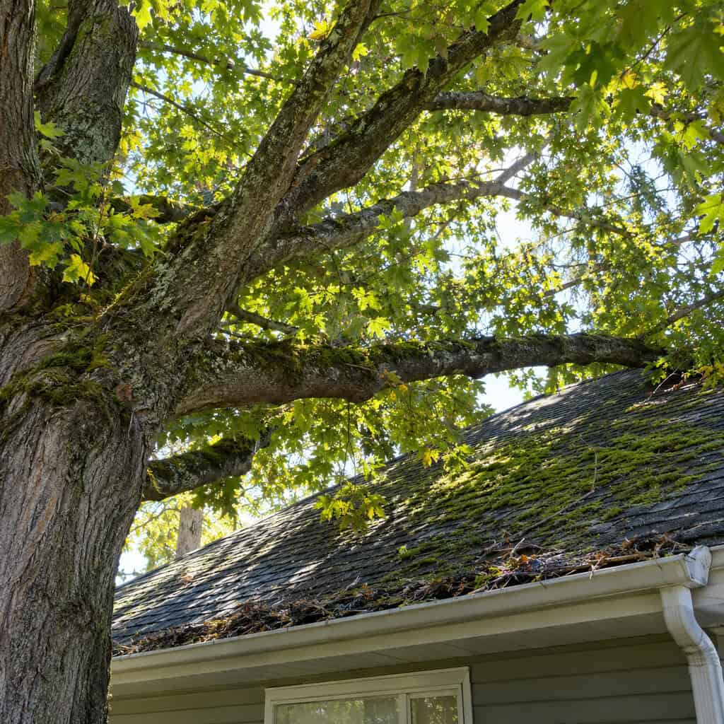 A Mature Tree Branching Out Over the Roofline