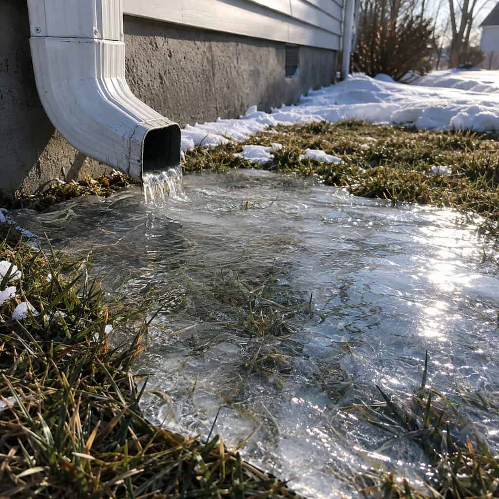 Downspouts and Low Spots Turning Into Ice Sheets