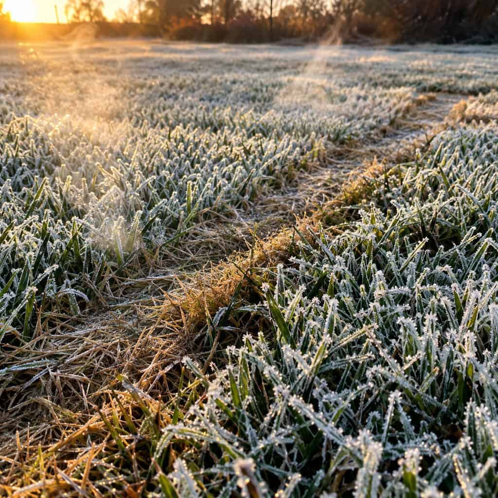 Mowing Over Frost-Covered Grass