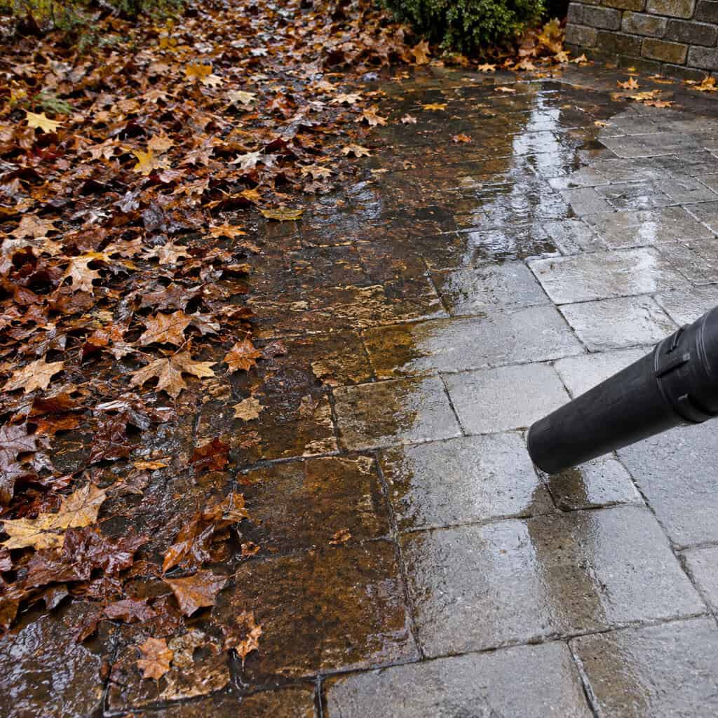 Blowing the leaves off patios, walks, and steps