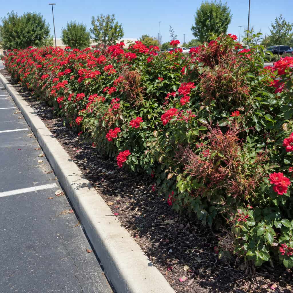 Knock Out Roses Used as a Hedge Everywhere