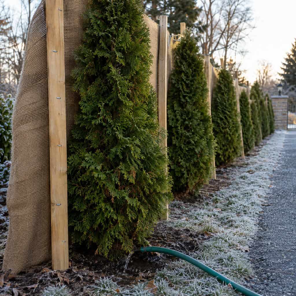 Deep-watering the evergreens (and burlapping the road side)