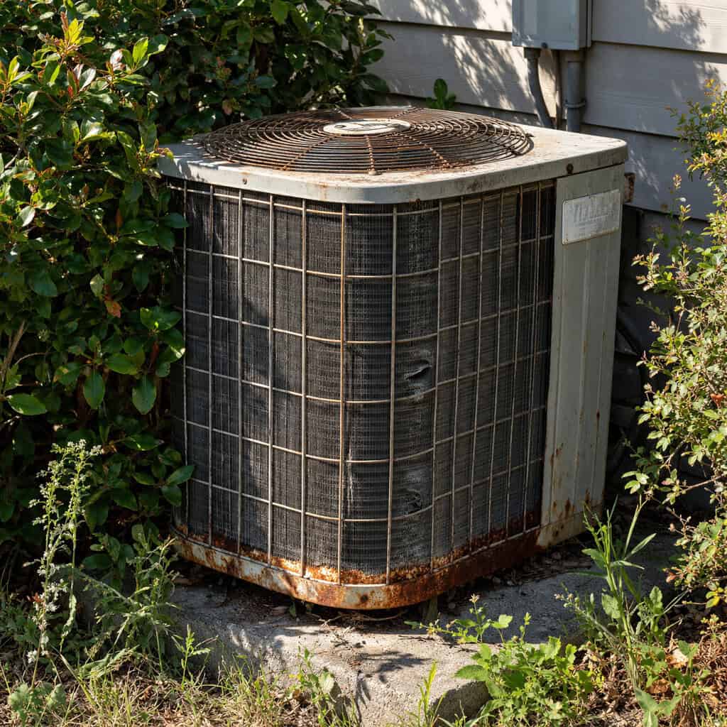 A Rusted AC Condenser Choked by Overgrowth