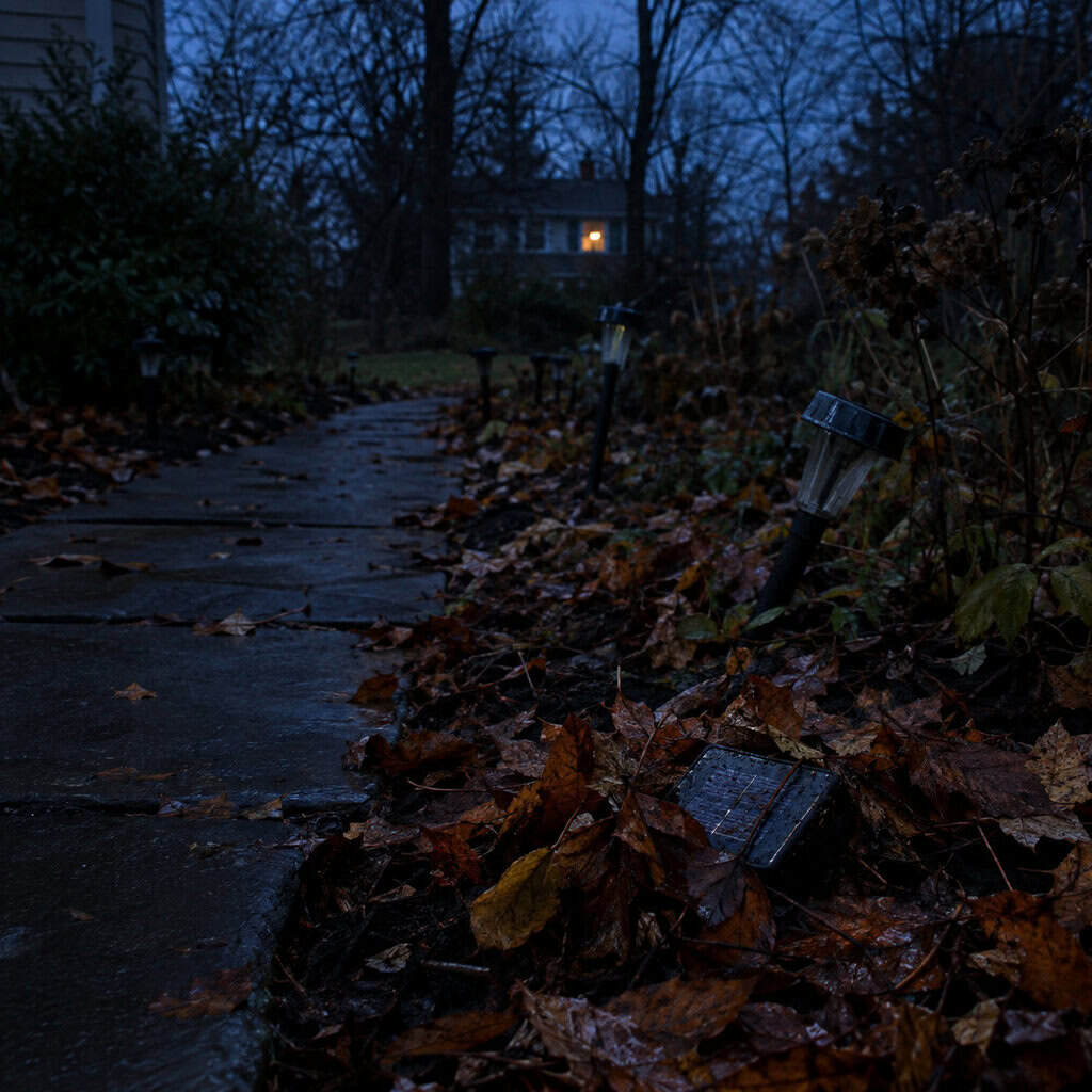Landscape Lights Dead and Solar Stakes Buried in Leaves