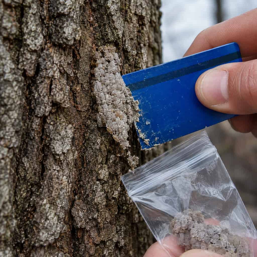 Scraping egg masses off trunks, fences, and furniture