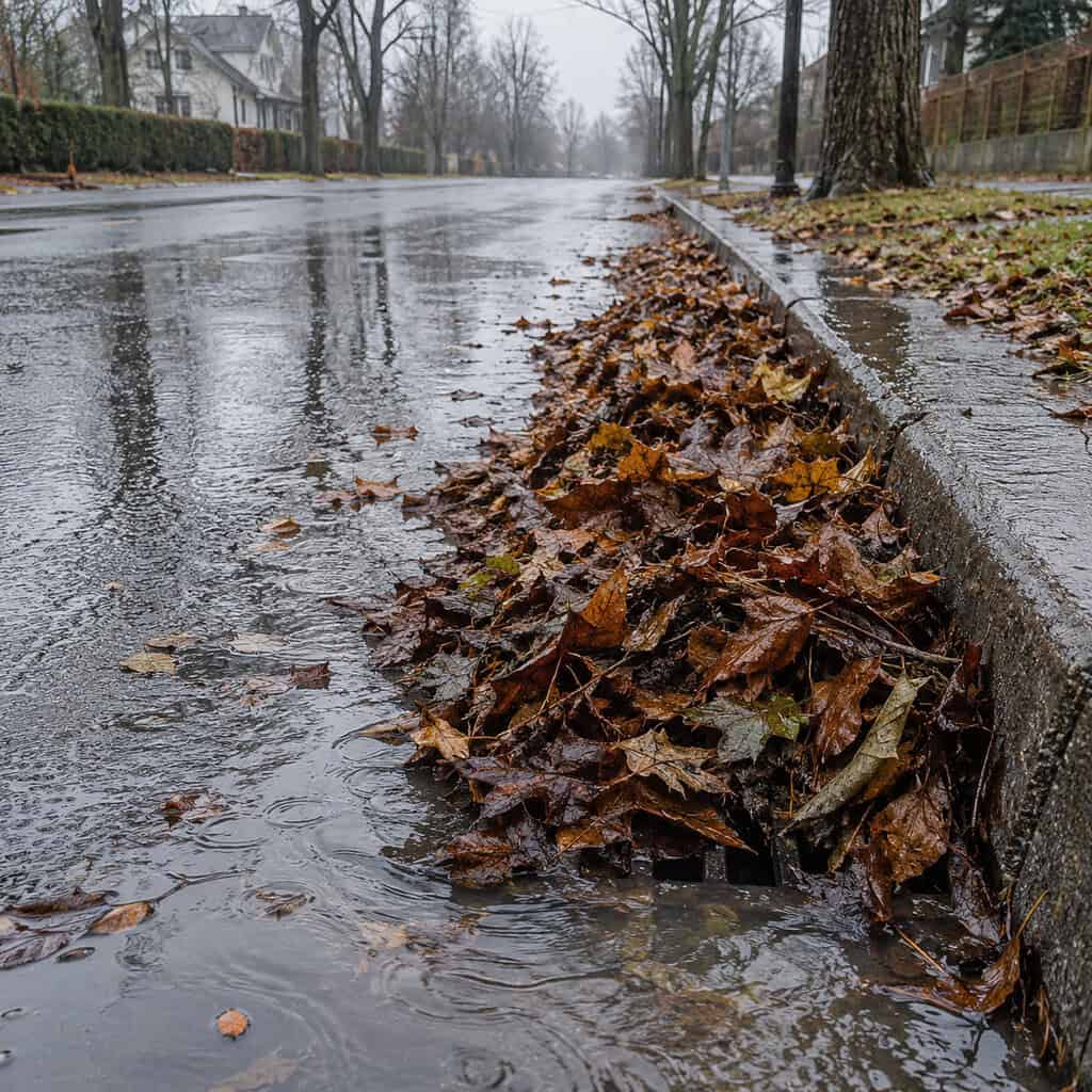 Leaves Raked Into the Street and Over the Storm Drain