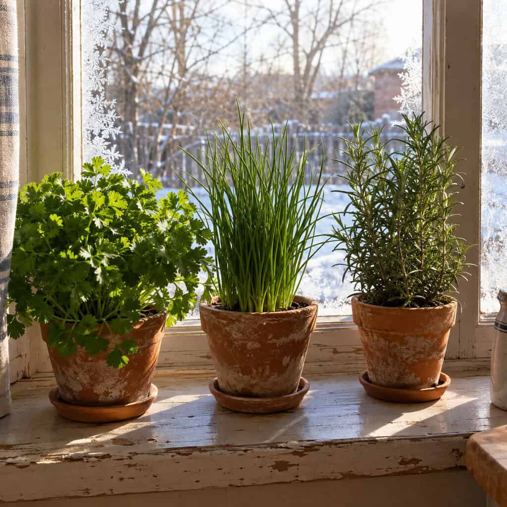 Parsley, Chives and Rosemary Potted for the Kitchen Window