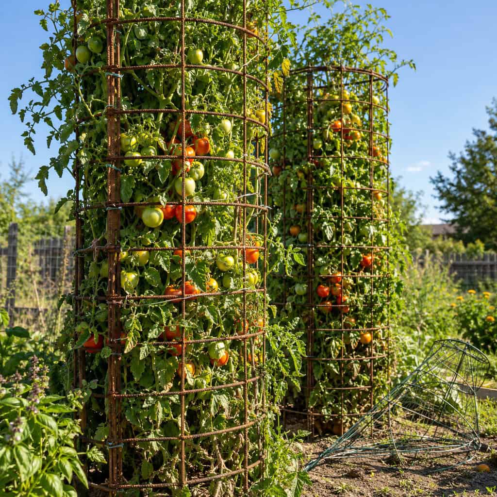 Tomato Cages Bent From Scrap Fence Wire