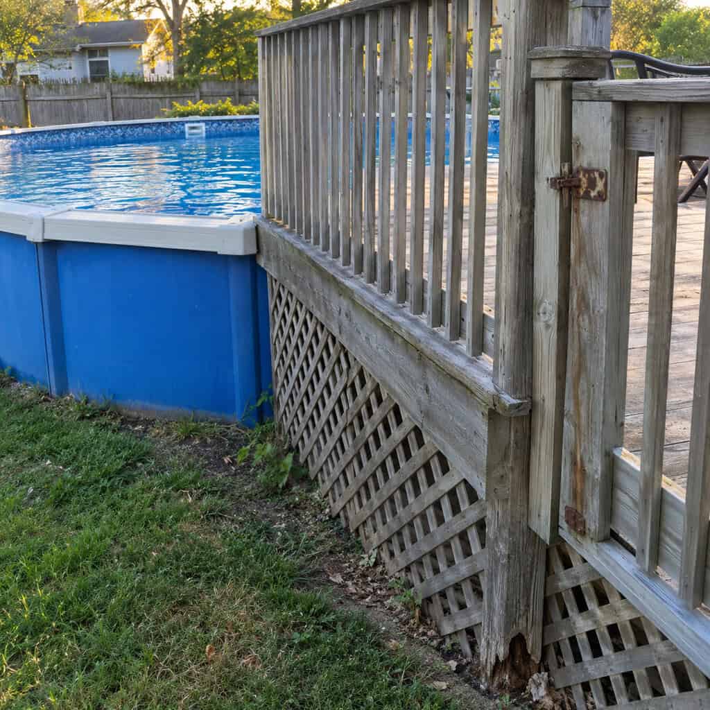 An Above-Ground Pool Ringed by a Wooden Deck