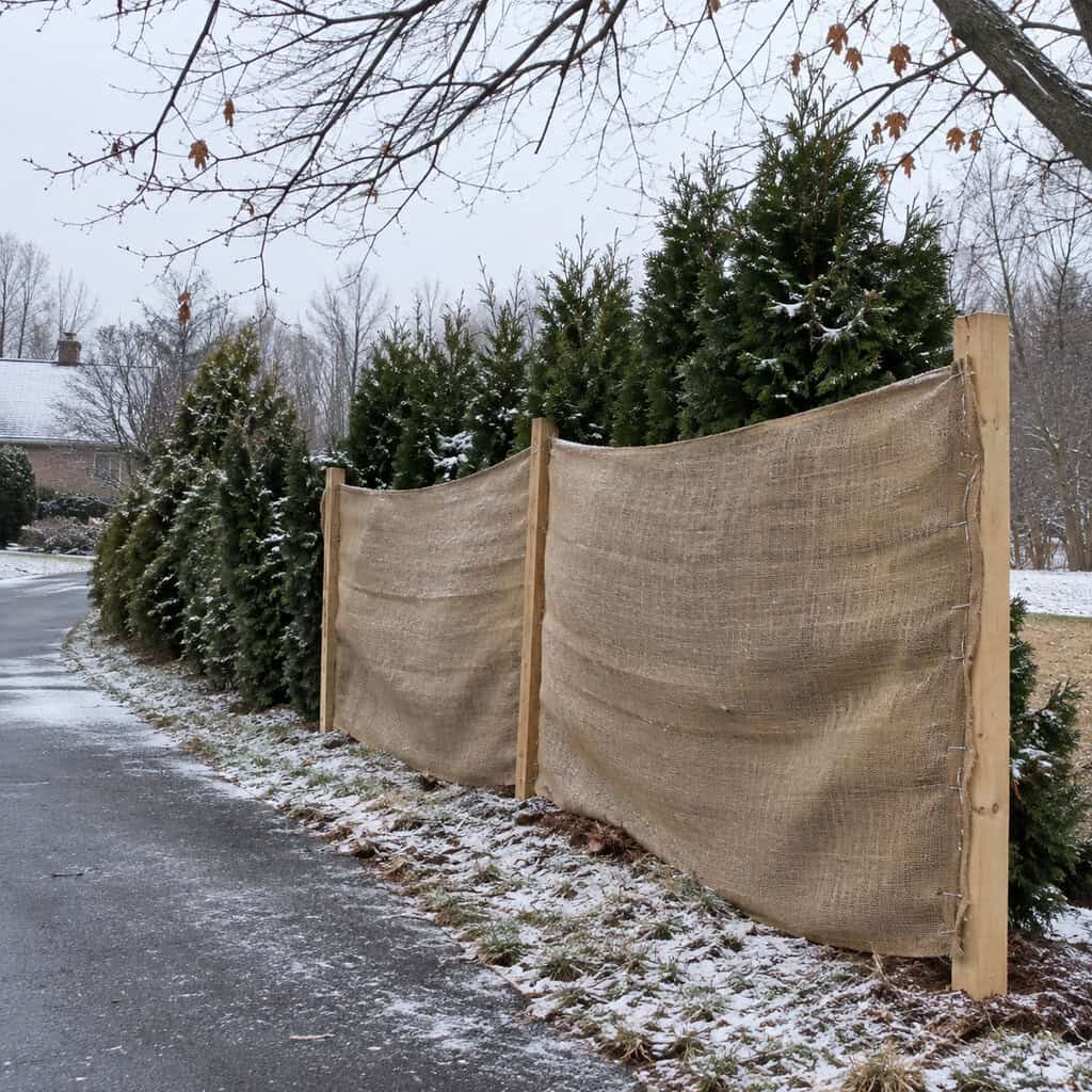 Burlap Screens Staked Around the Arborvitae and Boxwood