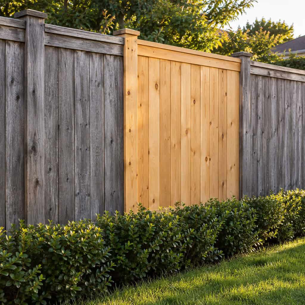 One Brand-New Fence Panel in an Otherwise Weathered Fence
