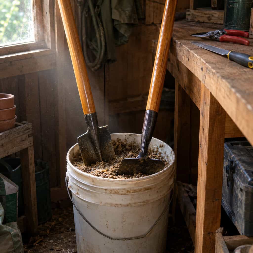 Clean Tools Plunged Into a Bucket of Sand and Oil