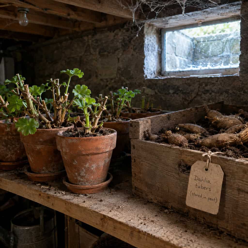 Geraniums and Dahlias Wintered in the Cellar