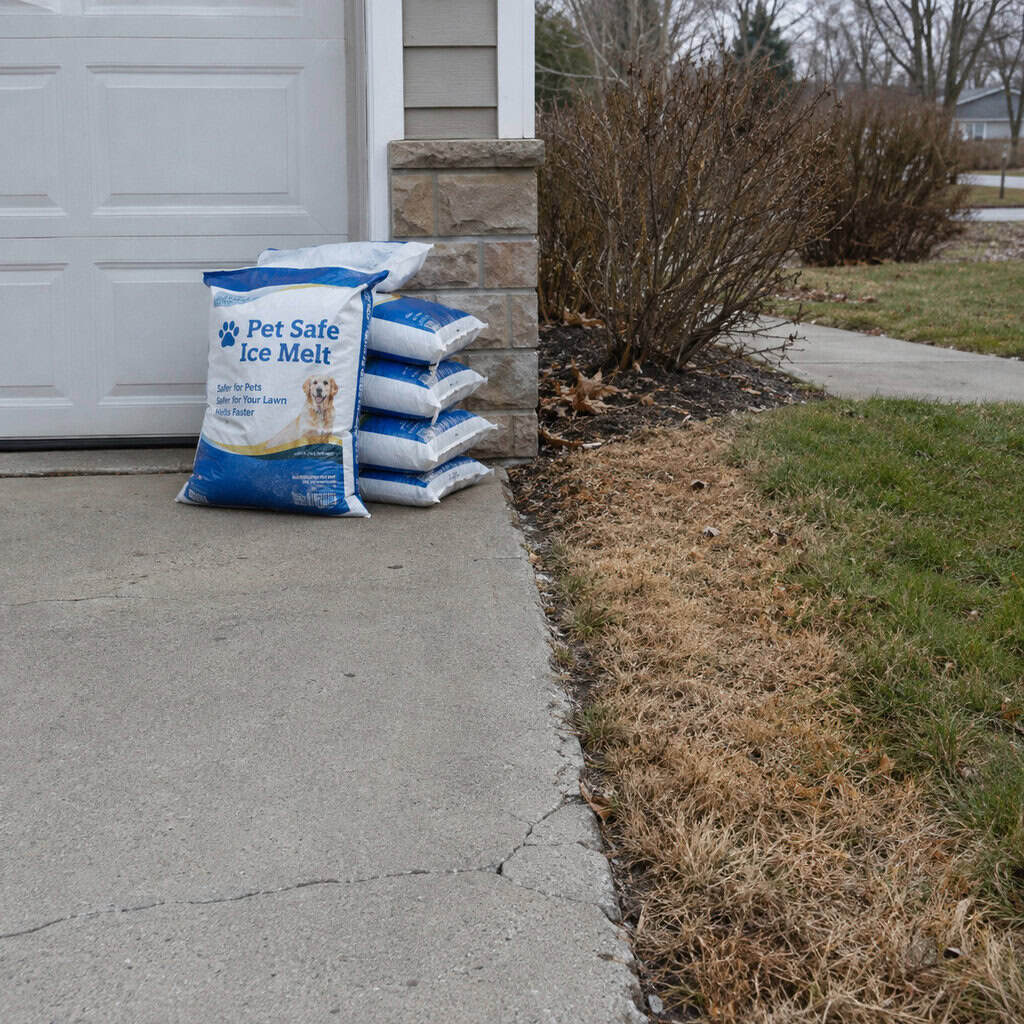 "Pet-Safe" Ice Melt Stacked by the Fall Door