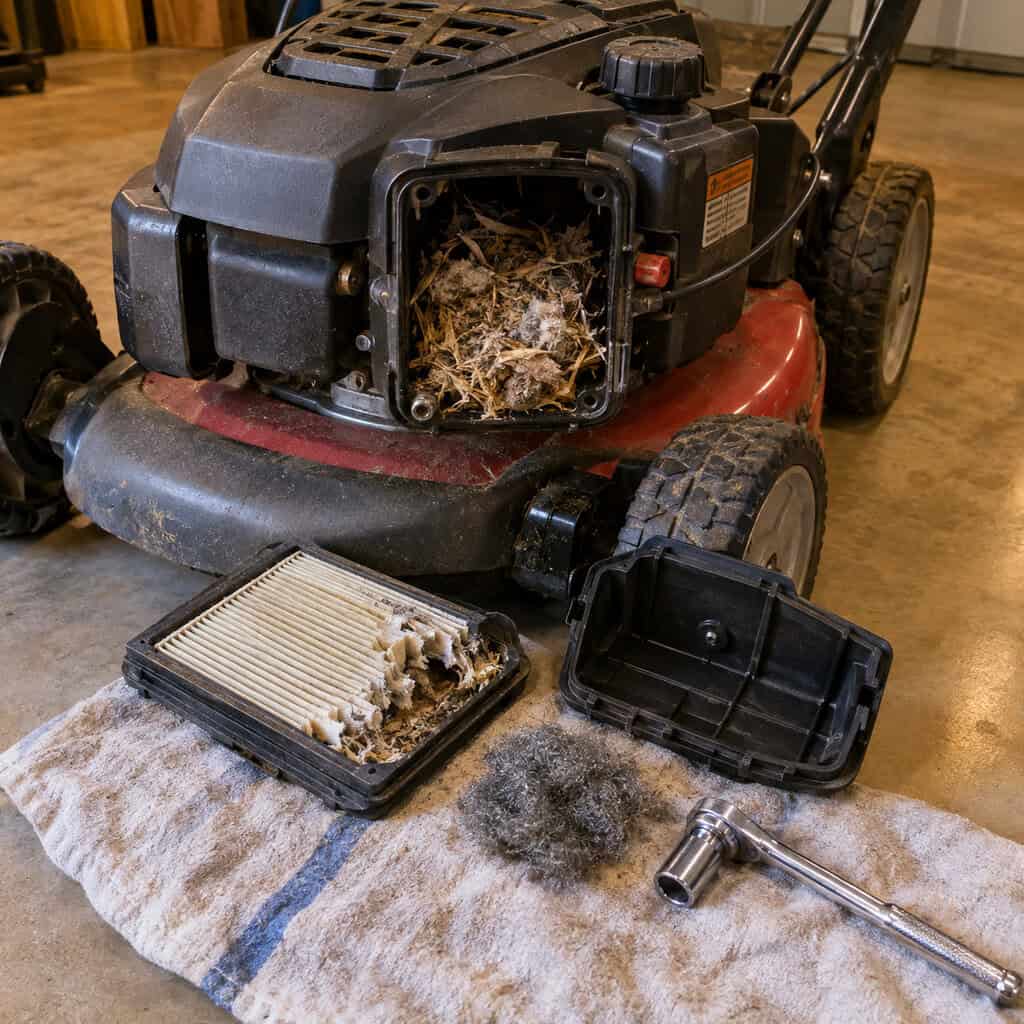 Winterizing the mower — and evicting whatever moved into it